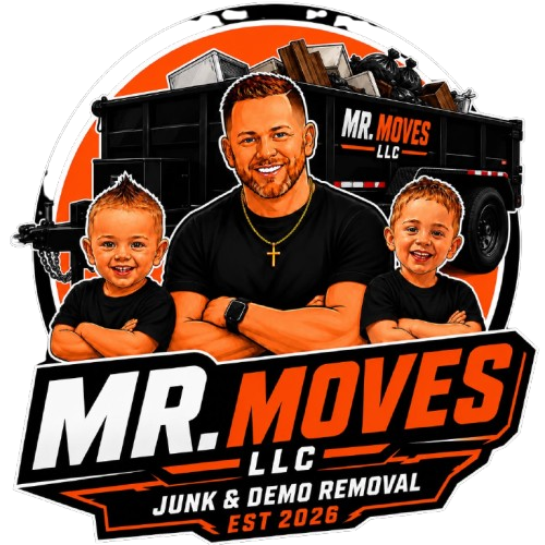 Mr. Moves junk removal truck and mover carrying furniture