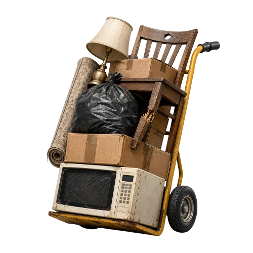 Hand truck loaded with junk and household items