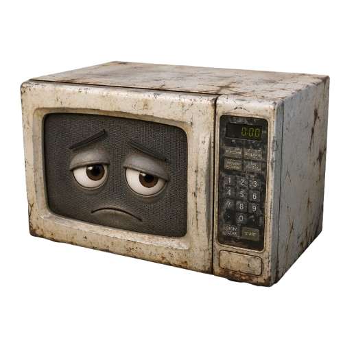 Old microwave character representing appliance removal