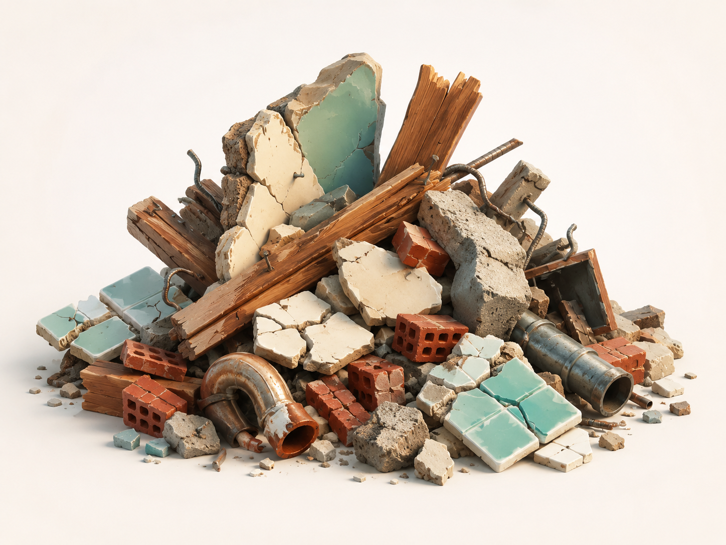 Pile of demolition debris with broken tile, wood, brick, concrete pieces, pipe, and remodeling waste