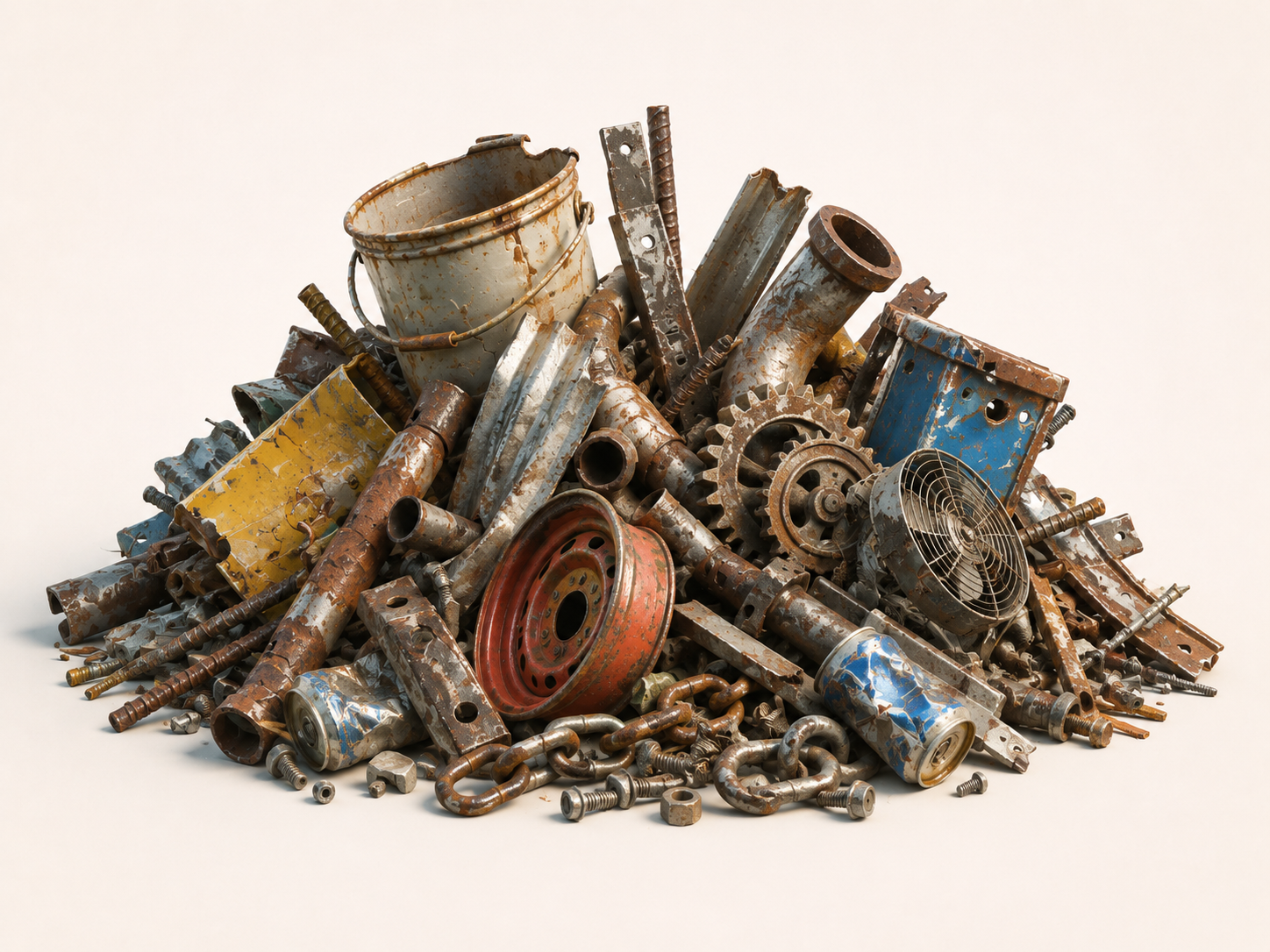 Pile of scrap metal, pipes, old fan, wheel, chains, and metal junk ready for commercial junk removal