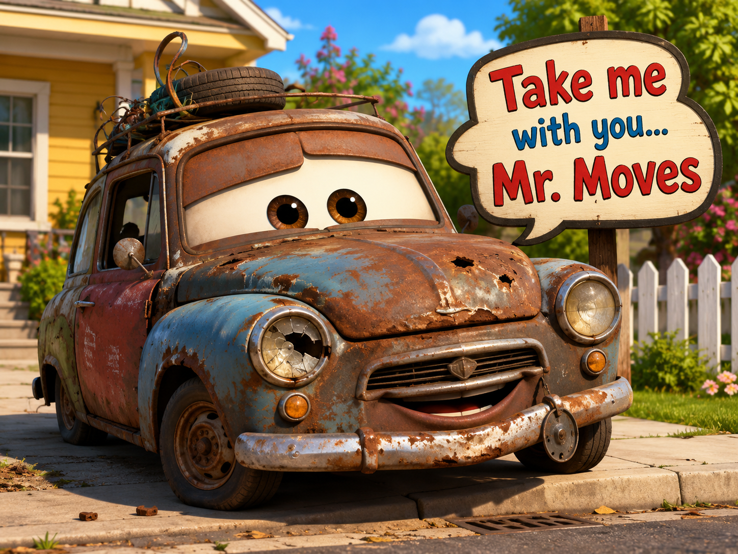 Old junk car with Mr. Moves sign ready for junk car removal and hauling service