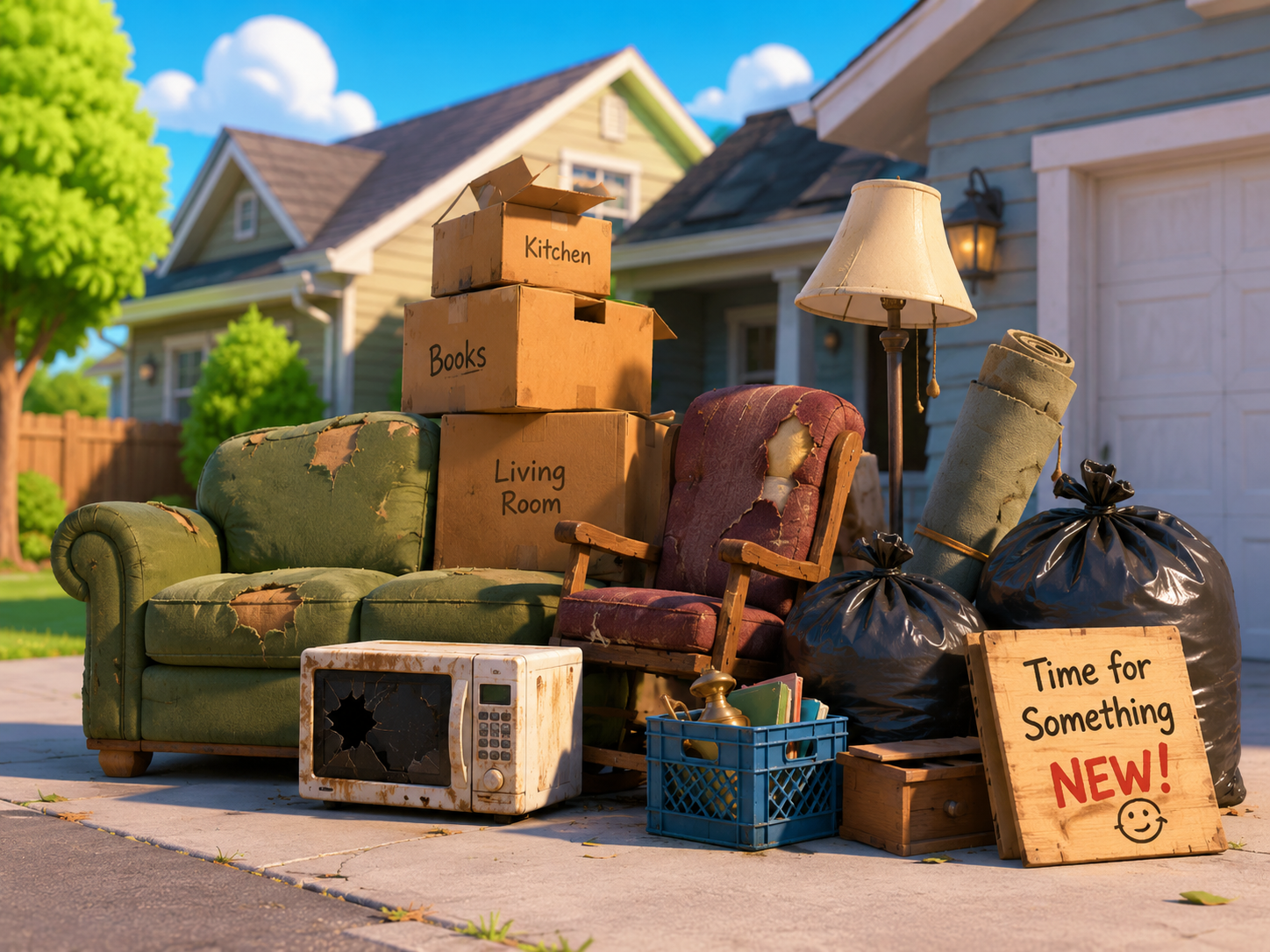 Pile of old couch, boxes, bags, microwave, lamp, and household junk outside a Clayton home ready for junk removal